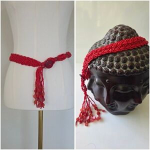Vintage Red Braided Seed Bead Statement Belt 40" Wide 1.5" Art to Wear Boho